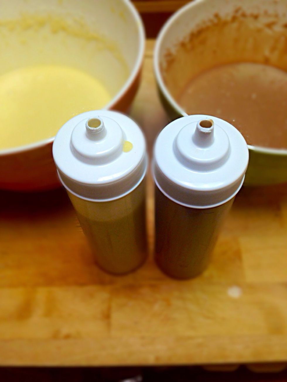 Transfer each batter to plastic container bottles with tip (you can use empty ketchup or mustard bottles)
