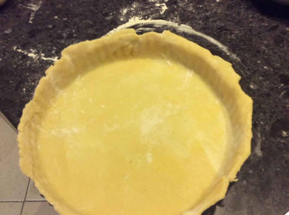 Transfer into pie dish, line pastry up with bottom of dish and trim any excess.