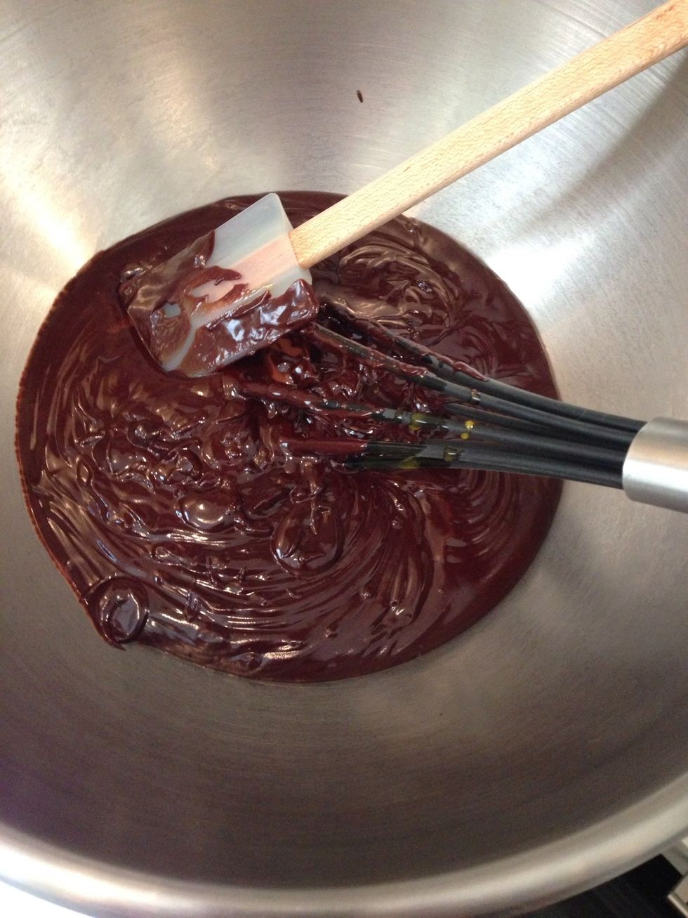 Transfer the chocolate mixture in a bigger bowl. This will drop the temp and it would b easier to fold in the 40 gm of no-gluten cake mix.