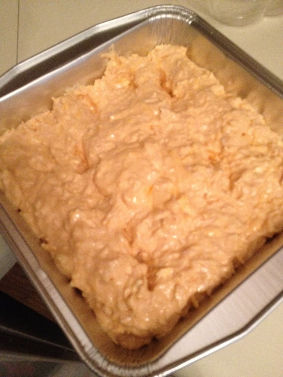 Transfer the contents of the mixing bowl to an oven safe pyrex dish or pan. Place the pan uncovered onto the middle shelf of your 350*F oven for 30 minutes.