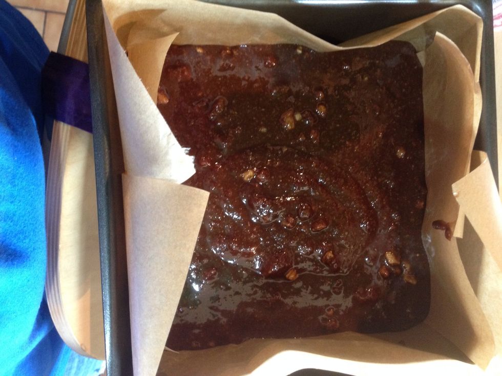 Transfer the mix into the tin, and bake for about half an hour. The top will be obviously cooked and crispy.