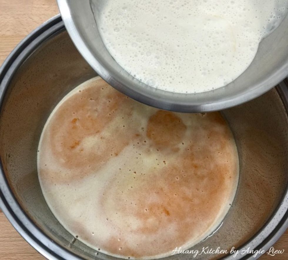 Transfer the pumpkin mixture to a large bowl with cover. You can choose to continue with the same bowl. Then add in the proof flour mixture.