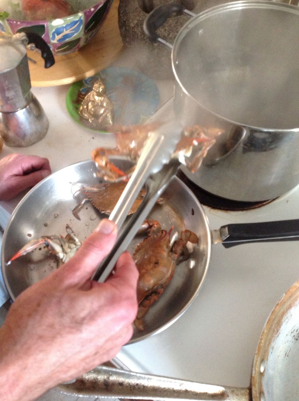 Transfer them from the pot once they're parboiled (just once they change colour. Basically we are just killing them quickly.)