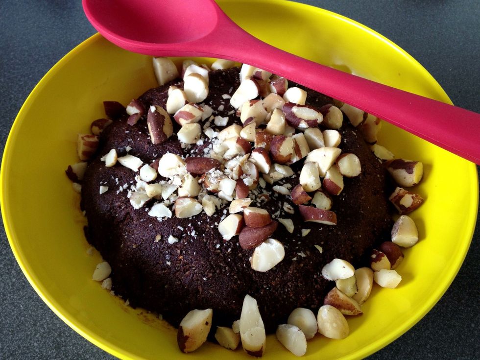 Transfer to a bowl and add the remaining Brazils (1/2 cup) that you've magically chopped. I didn't Snap that step so how'd ya know? Get outta my head Snapguider and toss your mixture. Not that toss.