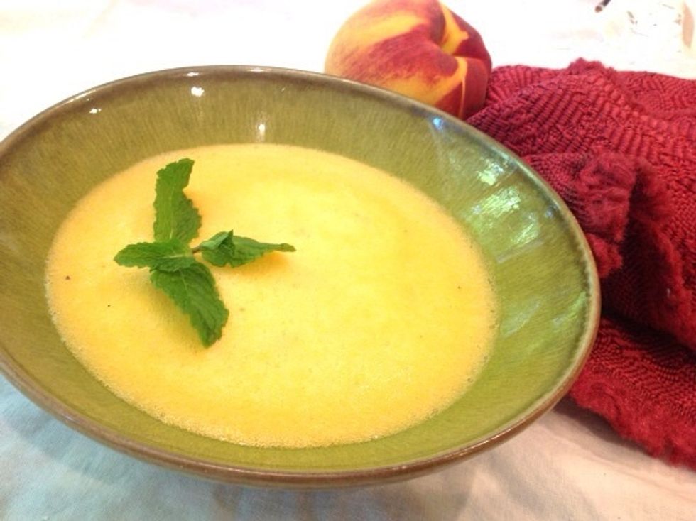 Transfer to a bowl, cover with plastic wrap and refrigerate until well chilled, about 2 hours. Pour soup into bowls or cups, garnish with mint and serve.