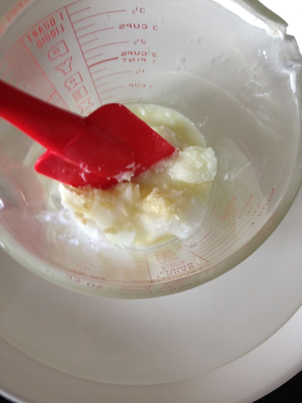 Transfer to a glass bowl for double boiler or you can microwave the plastic bowl