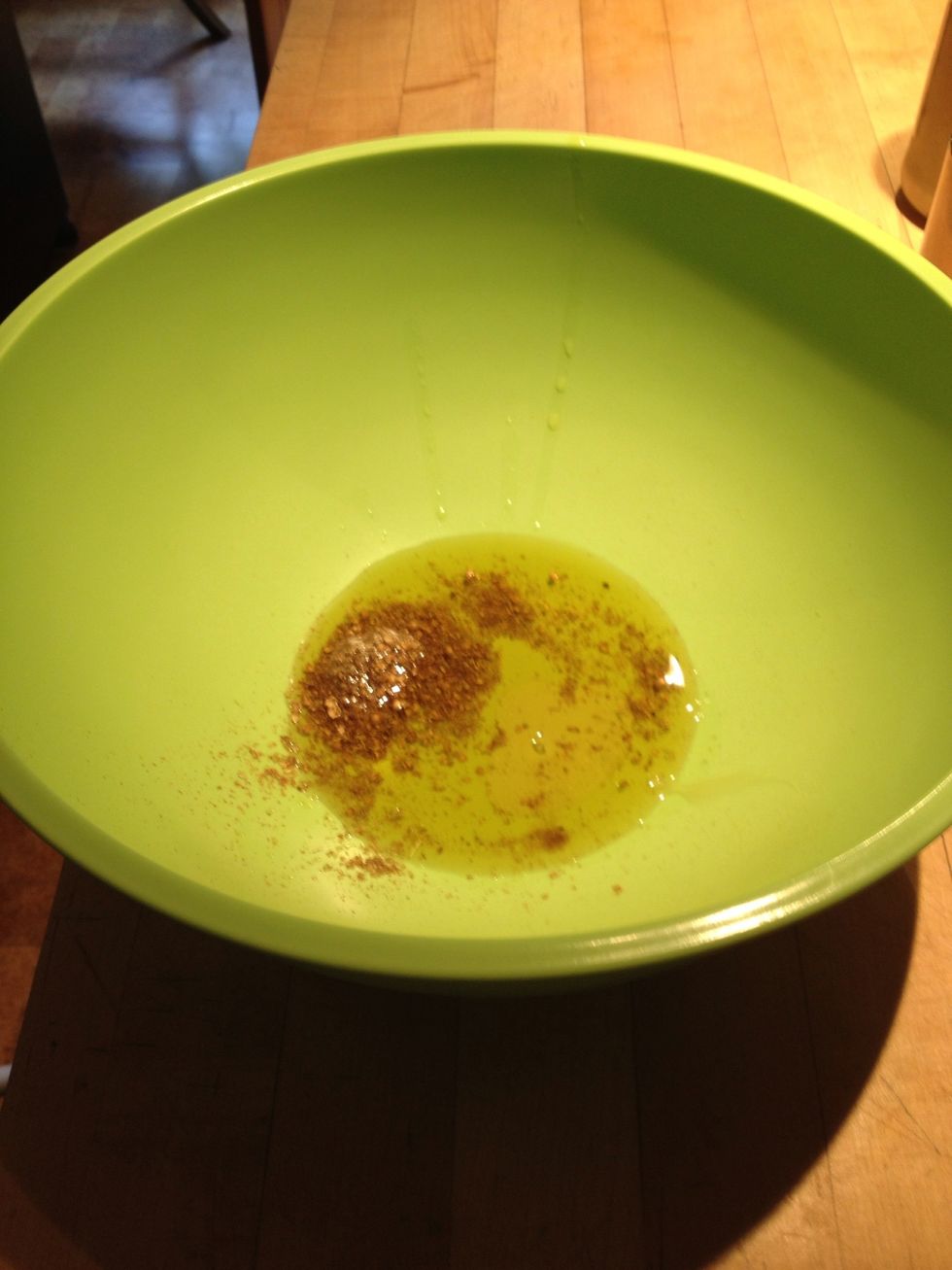 Transfer to a large bowl. Whisk in 4T of the oil and all of the honey.
