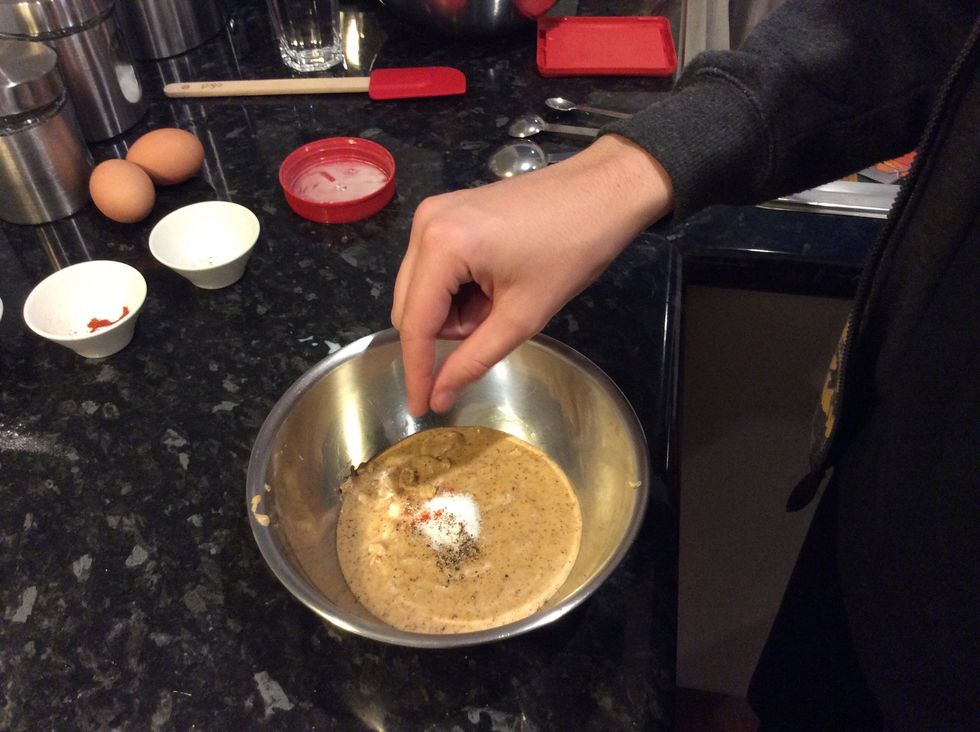 Transfer to mixing bowl and add half tsp salt, pinch of pepper, pinch of cayenne and a pinch of nutmeg