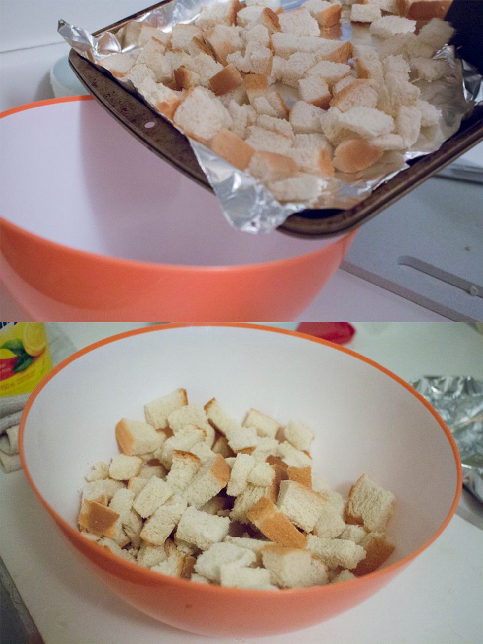 Transfer toasted bread into a large bowl.