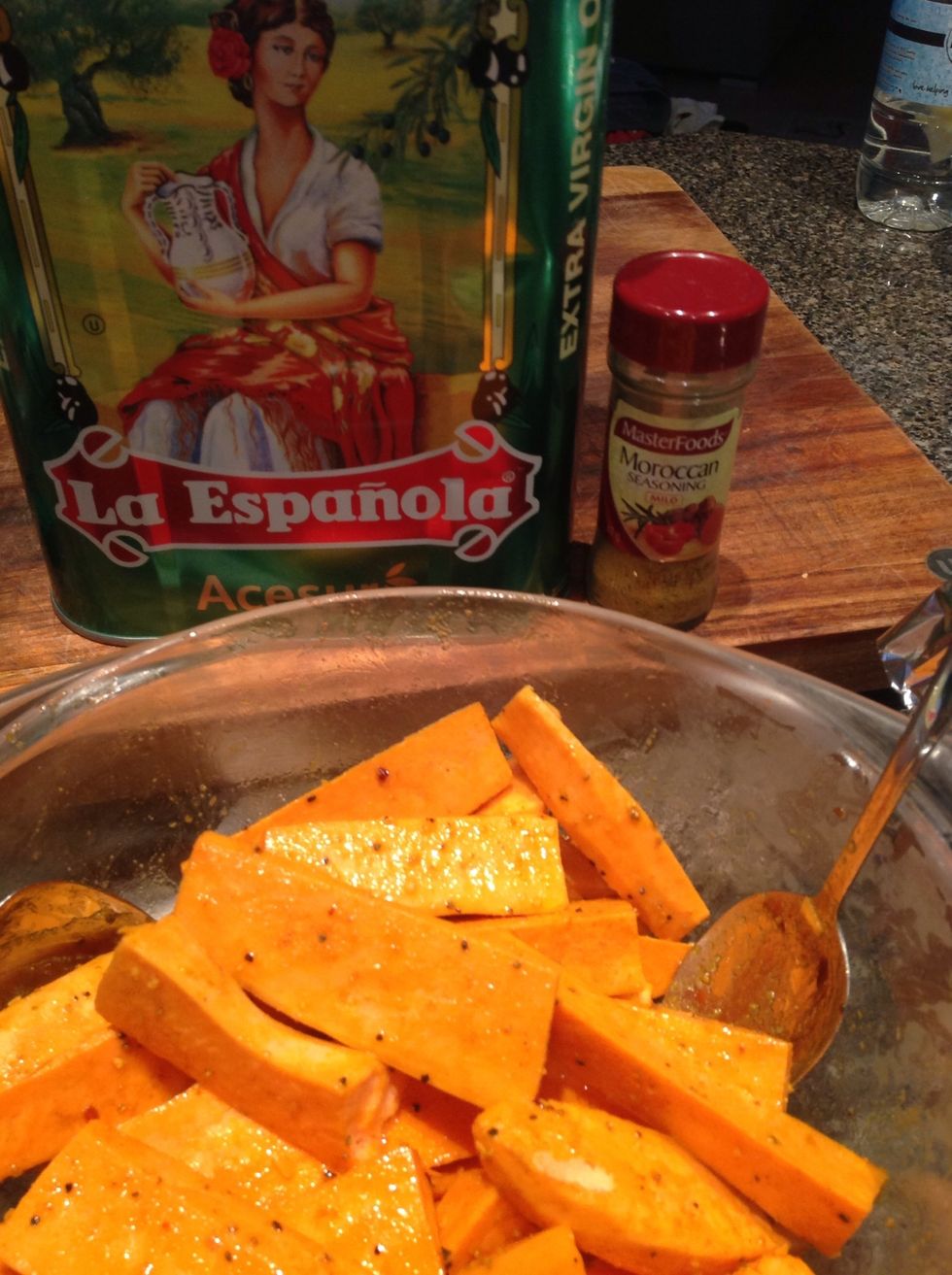 Transfer wedges to a bowl and combine with the olive oil and seasoning, ensuring every wedge is coated