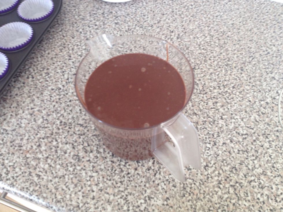 Transfer your mixture into a jug, it will be easier to fill the cupcake cases! Believe me i have learned that the hard messy way!!