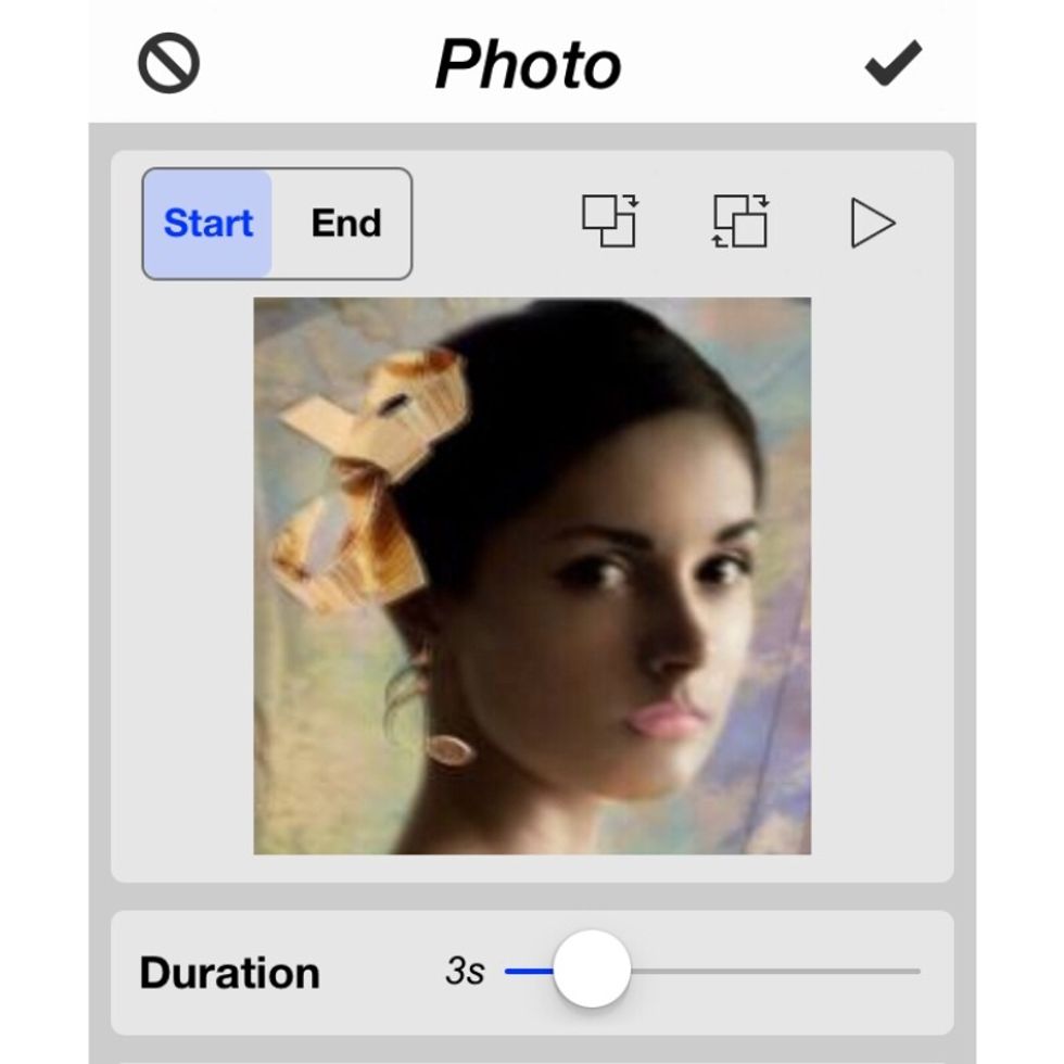 Transitions are set up like the "Ken Burns" effect, beginning with the "start" position...