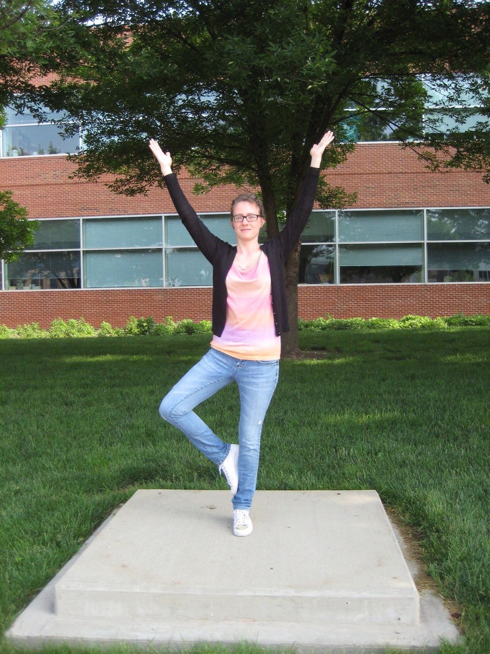 Tree pose \u2013 place foot against opposite ankle or calf, knee to side, palms to heart, then hands overhead
