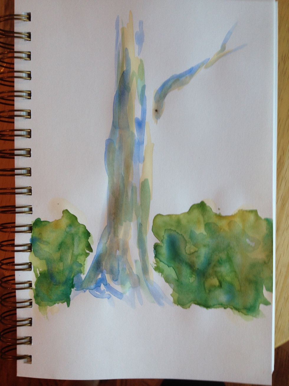 Trees are not brown. They are weathered wood with lichen growing on them. Grey/green/brown is more accurate. I added a wash of green in the middle areas to show the lichen. More shadows in the bushes.