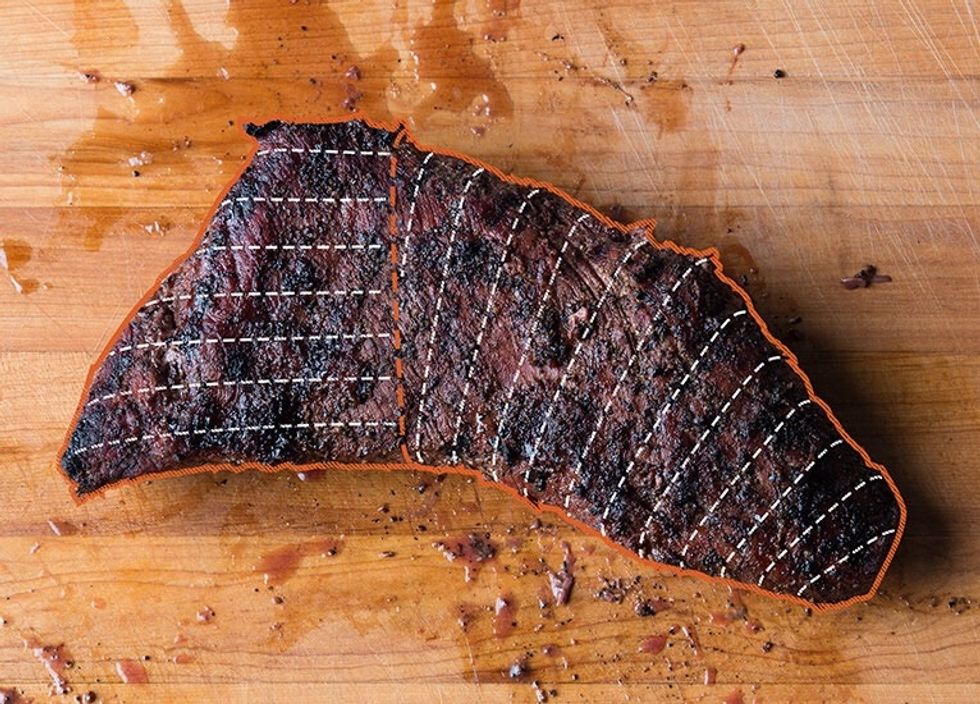 Tri Tip has two grain patterns. Find the line where the direction changes, cut the meat into two pieces, then cut each piece at an angle into this slices against their grain.