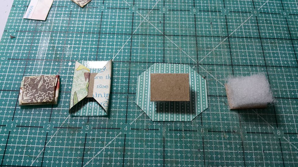Trim and cover with pattern papers as shown.