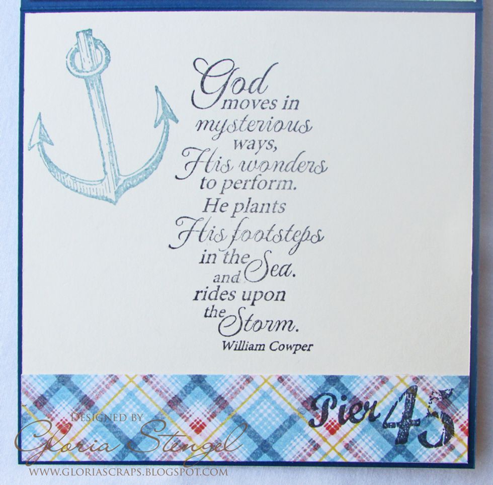 Trim By the Sea Signature paper to 1 x 4 7/8 inches. Stamp the "Pier 45" image from the By the Sea Cling Stamp 2 set onto the right side of the paper strip with black ink. Attach paper strip to card.