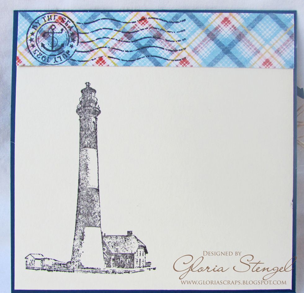 Trim By the Sea Signature paper to 1 x 4 7/8 inches. Stamp the postage image from the By the Sea Cling Stamp 3 set onto the left side of the paper strip with black ink. Attach paper strip to card.