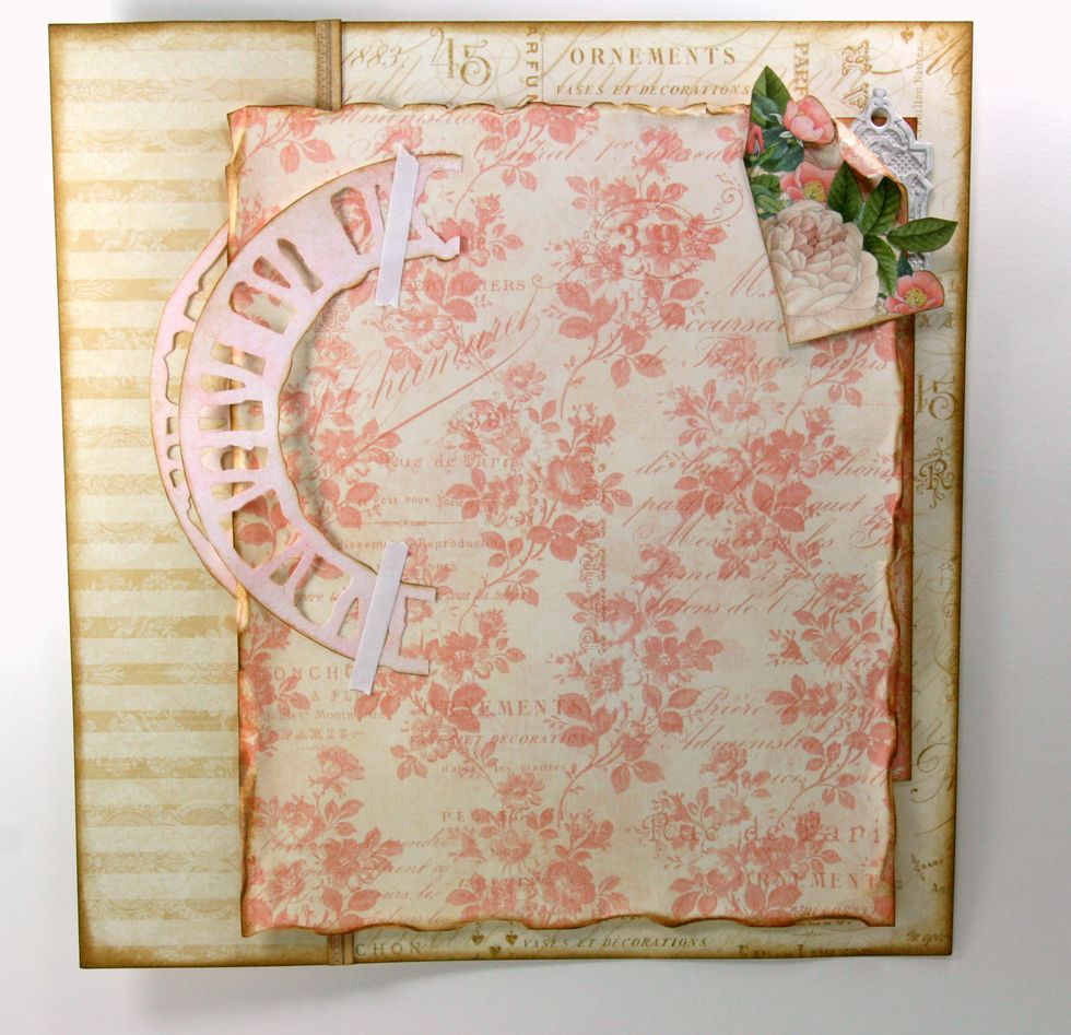 Trim corner from G45 Lavish Lifestyle. Ink well and attach to top right corner of inset section. Layer on the other half of the clock die cut.