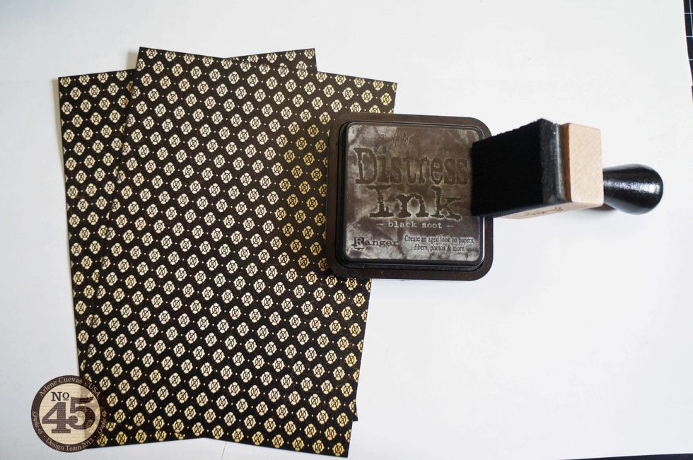 Trim down 2 pieces for the front and back of your box. Measure and trim down design paper for the spine of the box (not shown in tutorial). Edge with Distress Ink for a finished look (optional).