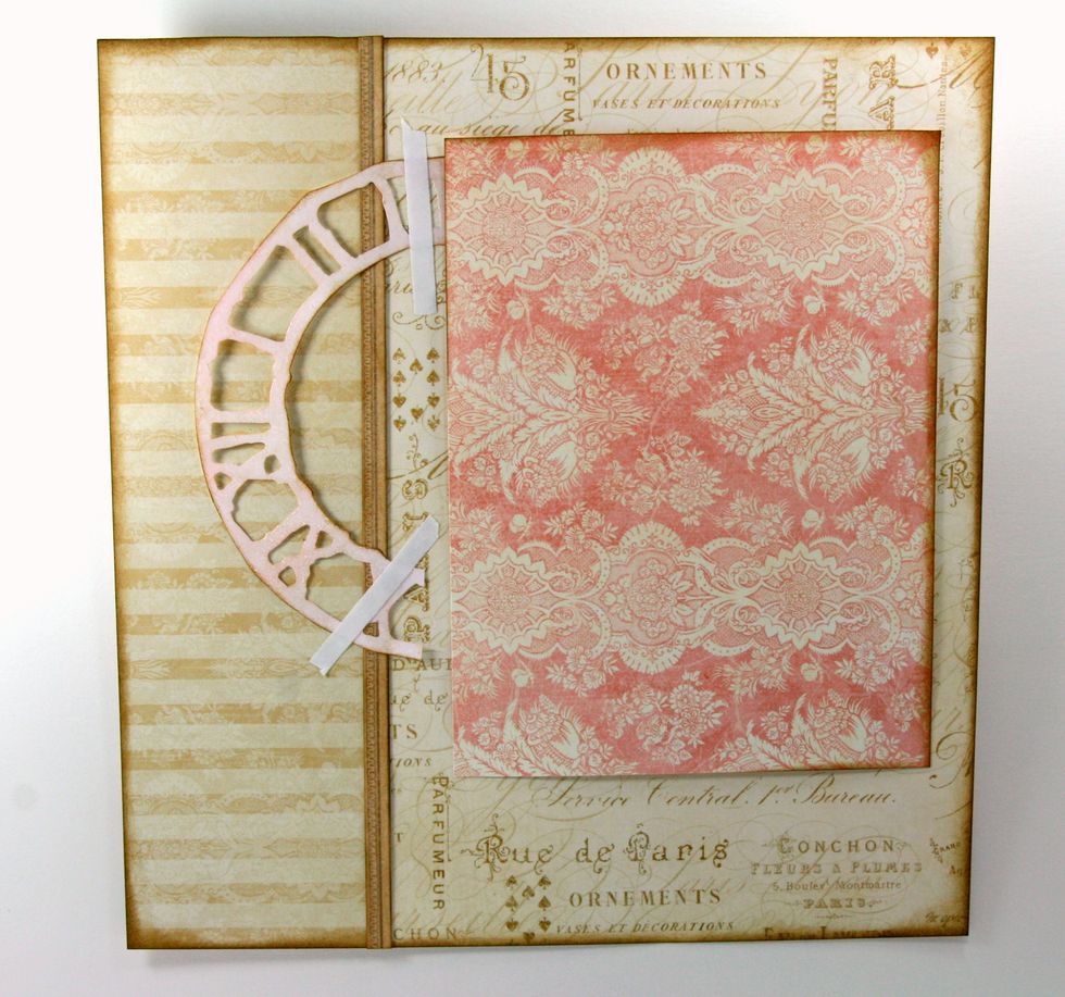 Trim inset section from G45 Golden Age. Ink sides and attach just so it's touching the edge of the die cut.