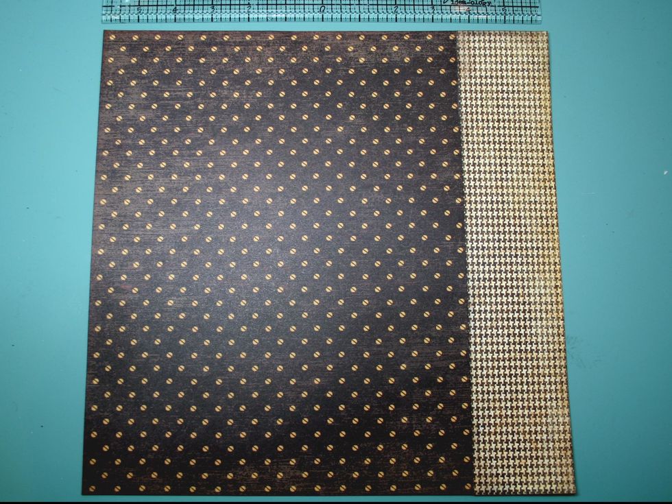 Trim Ode to a Buterfly to 10x12" & cut a strip from Botanical News 2.5x12". Ink all the edges. Adhere the strip of Botanical News over top the larger sheet so that combined they form a 12x12" sq.