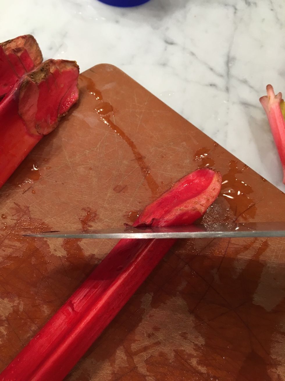 Trim off the parts you wouldn't want to eat. Like celery. Then chop them into small pieces. Picture to follow.