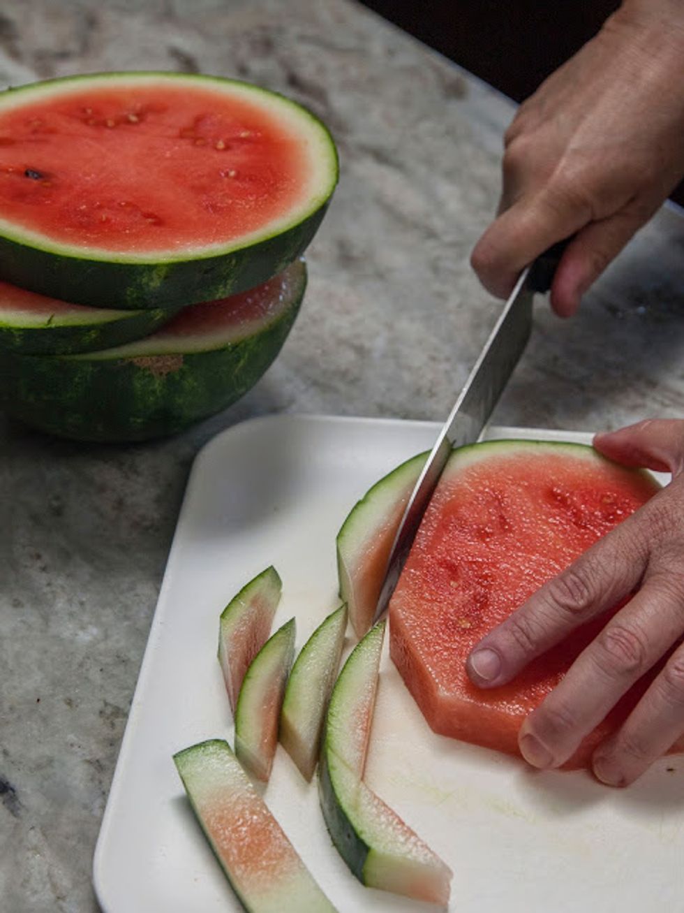 Trim off the rind. Now, this can be made into a delicious pickle, but not today, that's for another day.