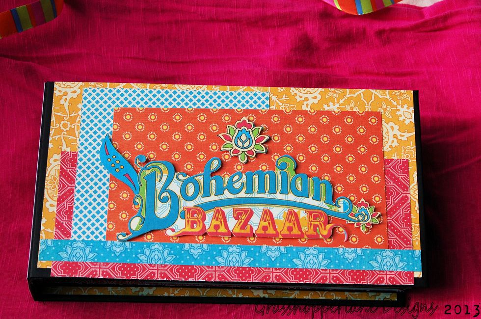 Trim the Bohemian Bazaar and a Flower from the main page of paper pad. Apply Foam Tape or Pop Dots. Mix and match papers of your choice to complete the front cover - adhere with Scor-Tape