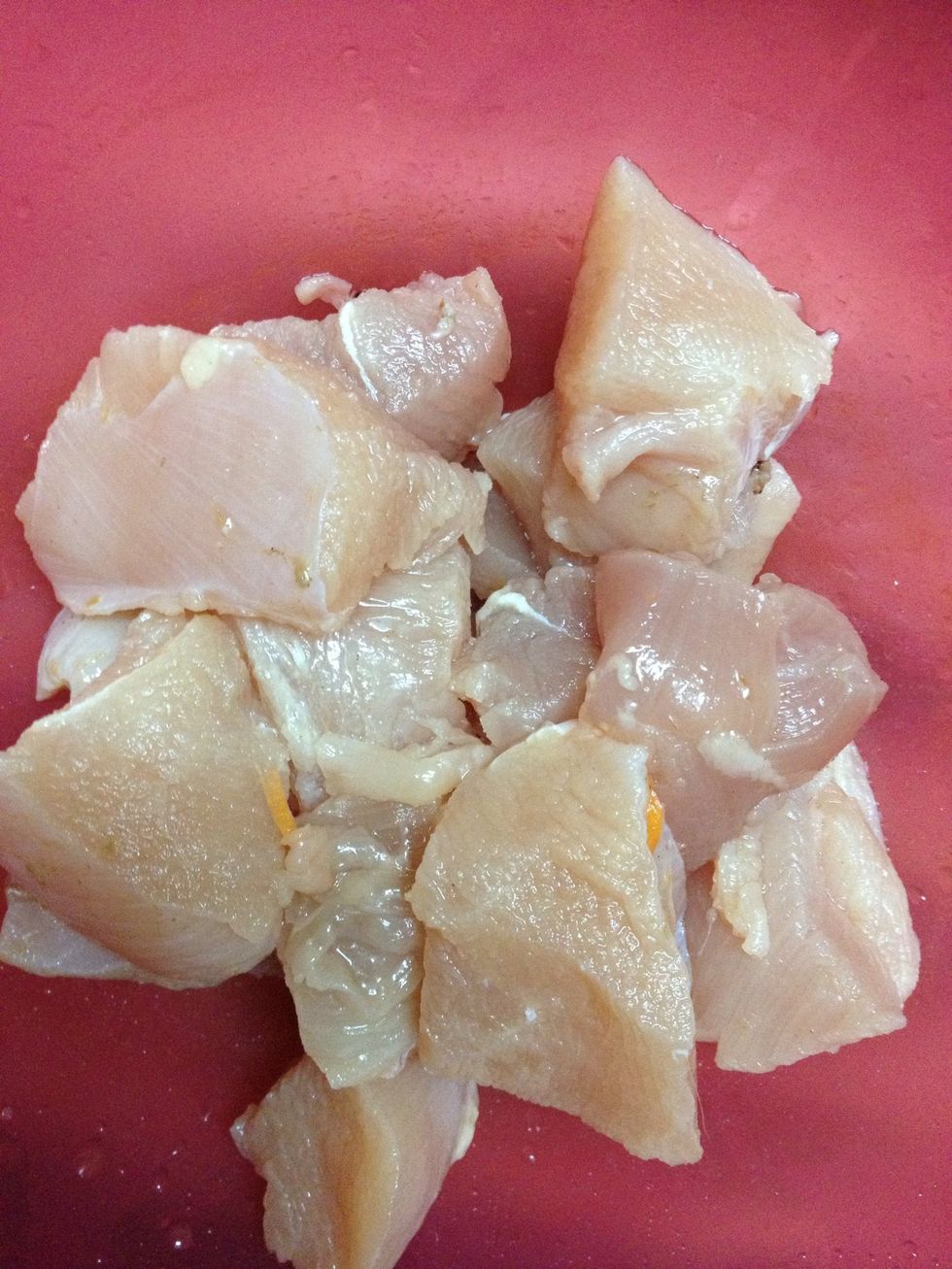 Trim the fat n cut chicken into 1 inch cubes or even smaller