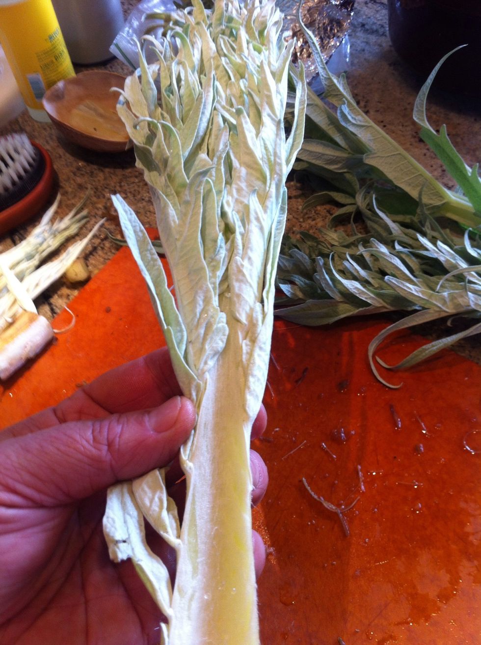 Trim the leaves from each stalk.