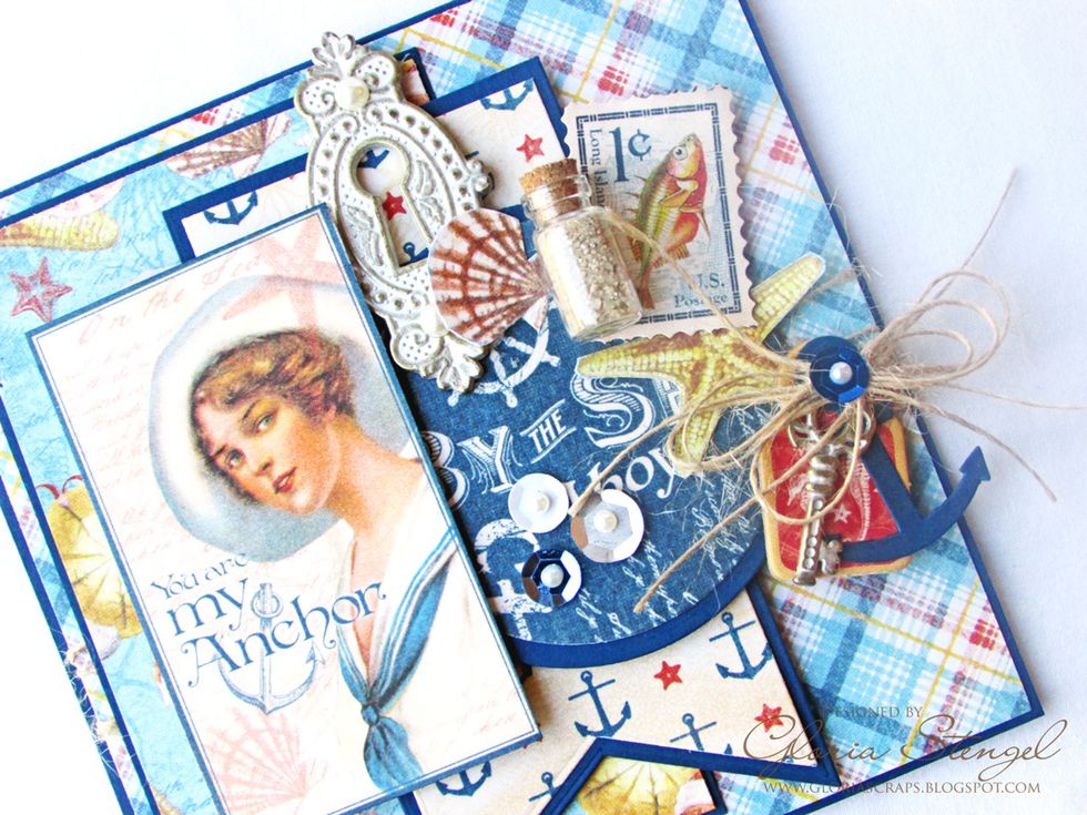 Trim the "You are My Anchor" image from Sand and Surf paper. Rub the edges with blue ink. Attach the image to a scrap of chipboard, and then attach to the left side of the card as shown.