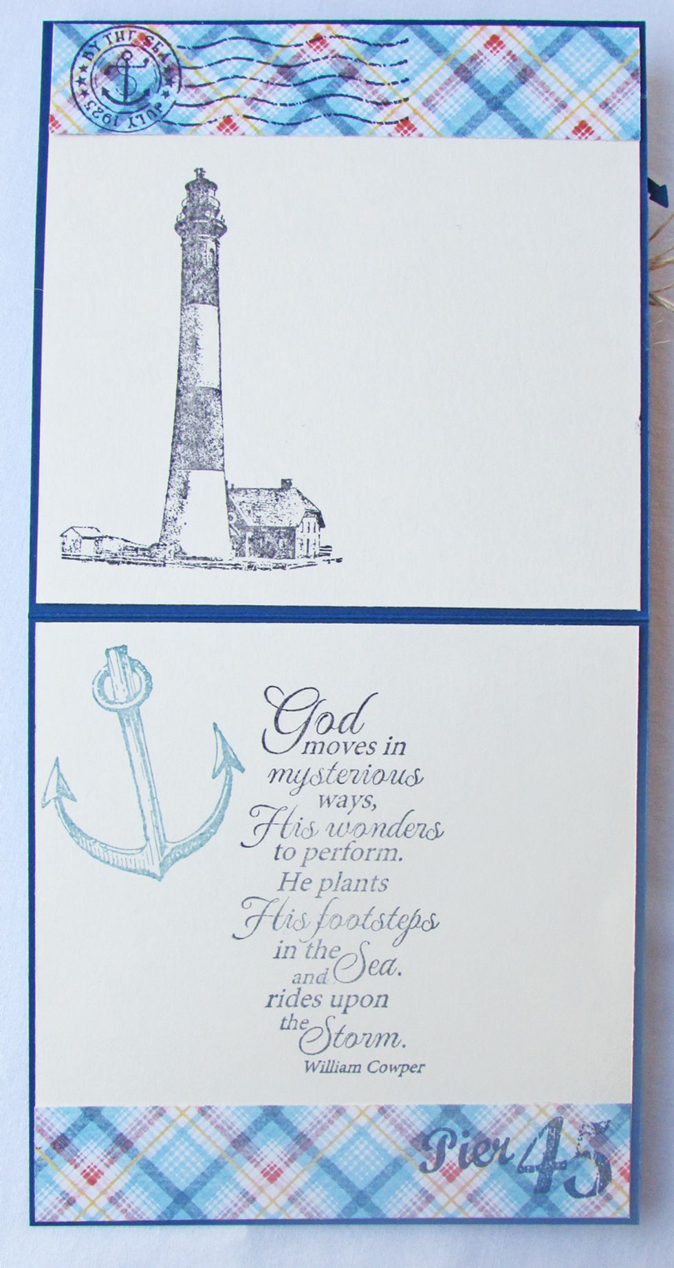 Trim two pieces of cream cardstock to 4 7/8 x 4 7/8 inches. Use black ink to stamp the lighthouse from the By the Sea Cling Stamp 1 set onto one cream panel.