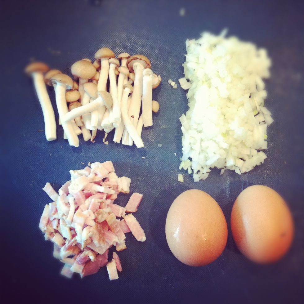 Trim your mushroom Dice onion Dice bacon