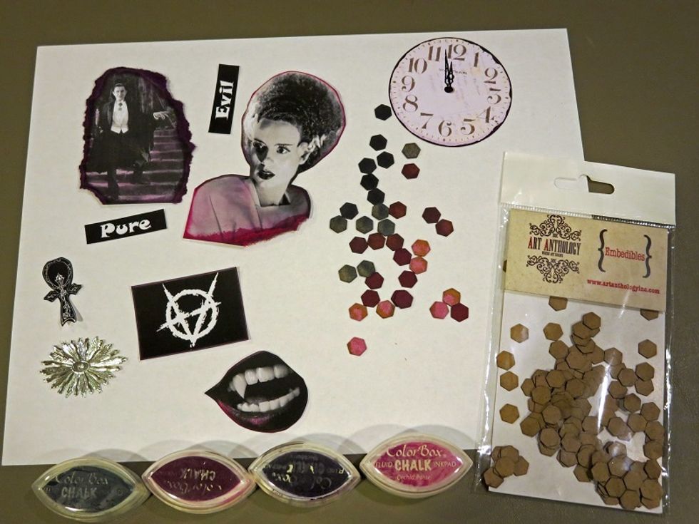 Trimmed images were distressed with chalk inks in corresponding colors.