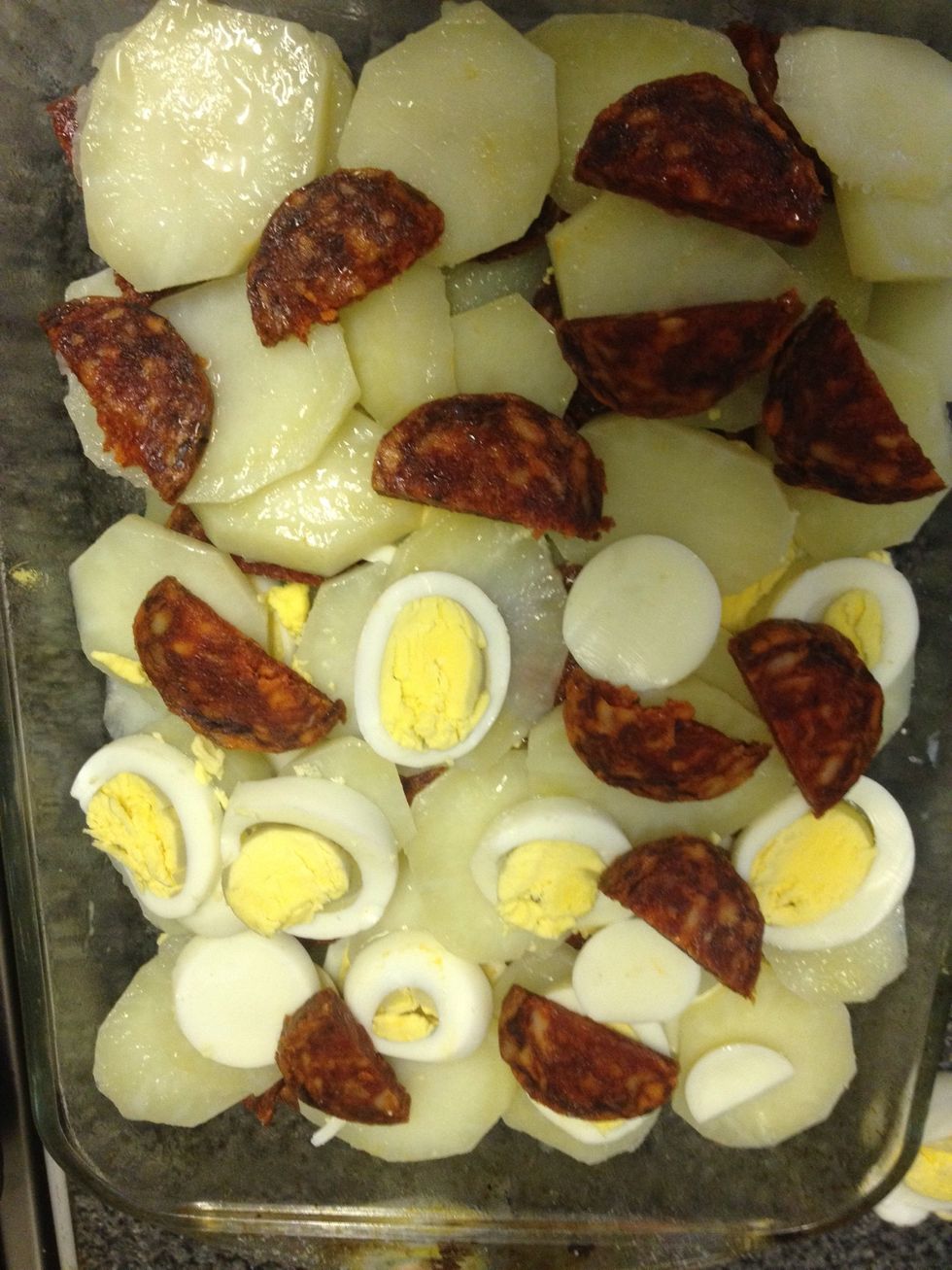 Try to fill up all the gaps and make sure you spread all ingredients in a nice even way. (And the photo is still upside down...dunno what's wrong with my phone :))