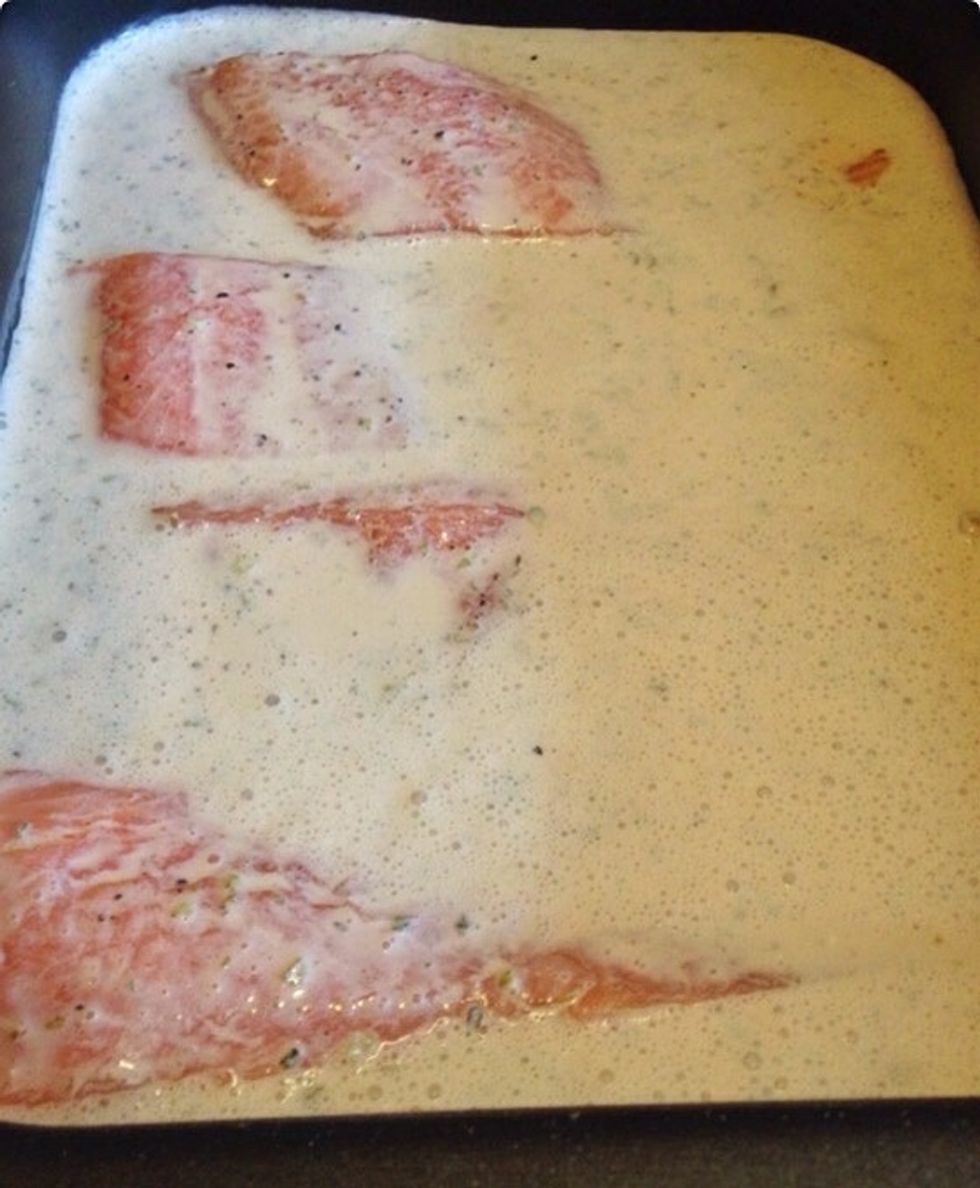 Try to see to that all 4 fillets are covered wi the remaining sauce.