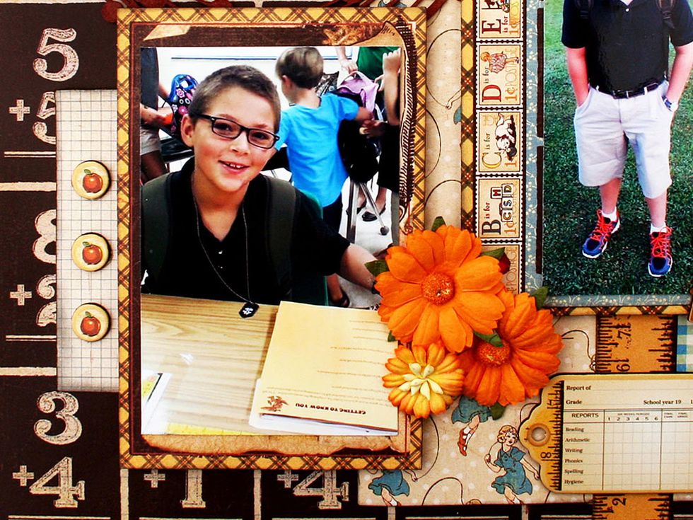 Tuck a 1 x 3.25" piece of Calico Cut-apart under the photo on the left as shown.  Add 3 little apple chipboard pieces.