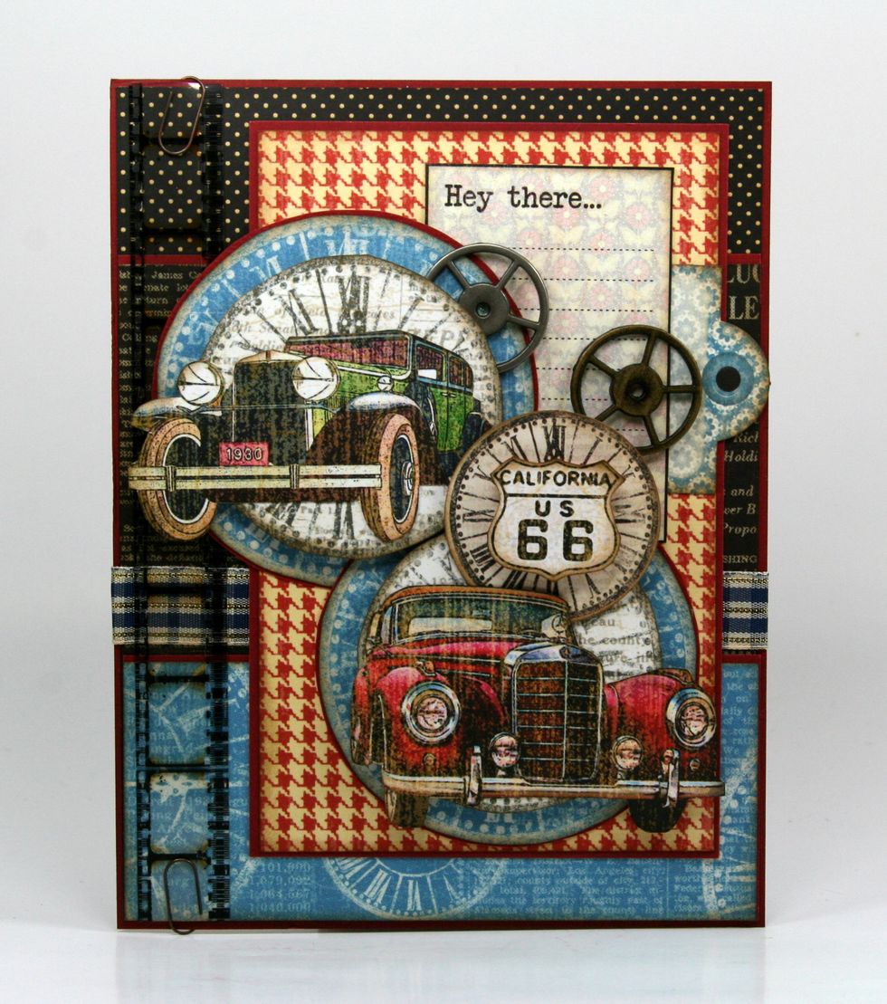Tuck in clock image from Graphic 45 Times Nouveau ~ die cuts and finish off with route 66 sign from Lollapalooza.
