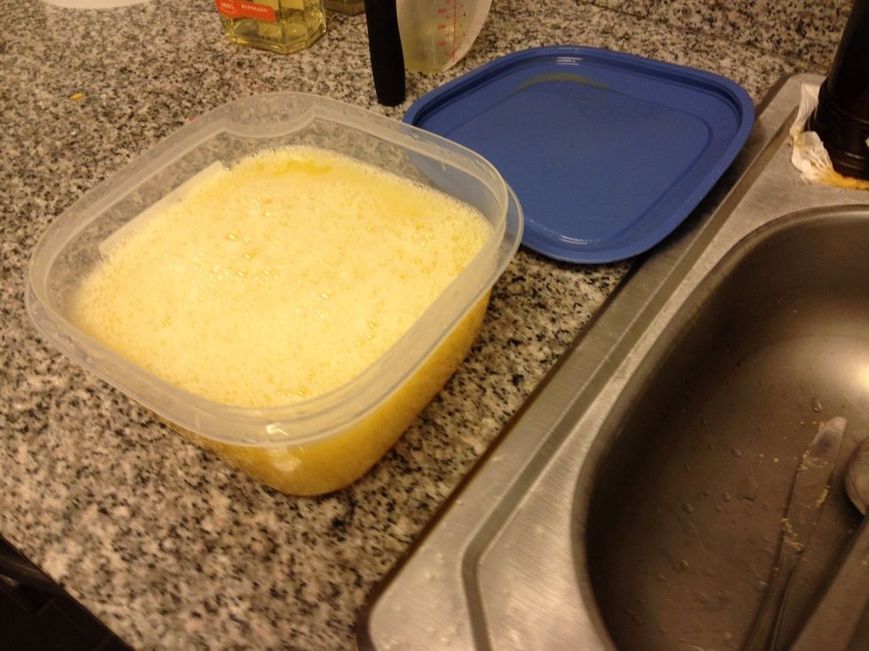 Tupperware container used for mixing Triple-Sec, Lime Juice, & Orange Juice. Pour proper quantities into bowl, cover, shake. Pour 4 cups into the pitcher, and leave 4 cups in the Tupperware for later.