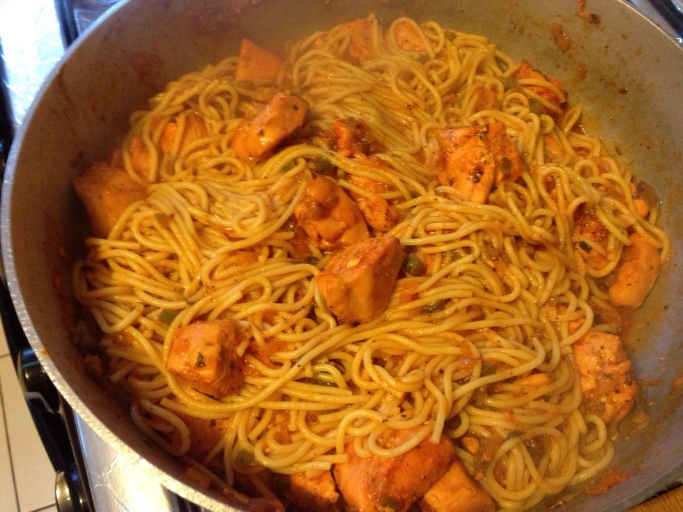 Turn from bottom up until well distributed and sauce overs all noodles. Cover and place on low, simmer for 7-10 mins. Sauce will come to the top of noodles.