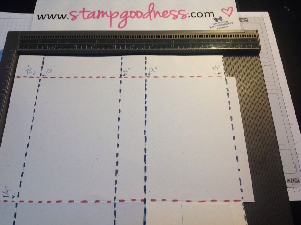 Turn horizontally and score at 1-1/4", 5-1/4", 6-1/2", and 10-1/2"