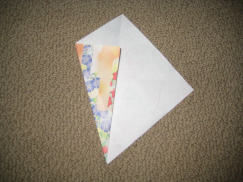Turn it around so the line is straight down the middle. Then, fold one side in so there is half a triangle at the top.