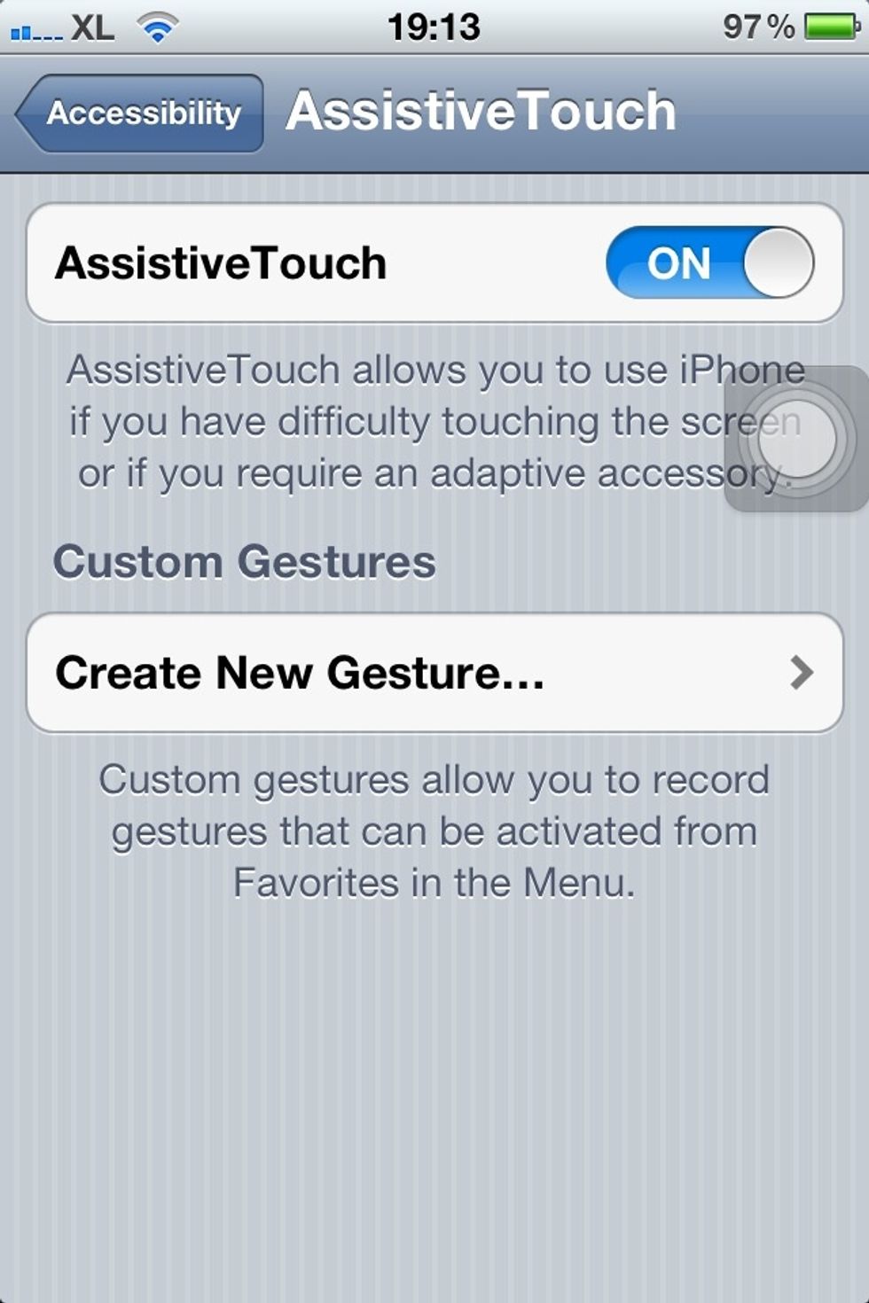 Turn it on-and Go back to the previous page-the accessbility page-and you'll see a tripel click button-its for activating the AssistiveTouch for yor iPhone