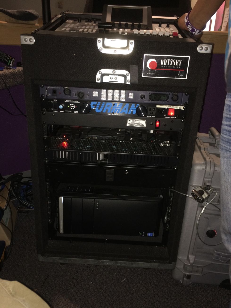 Turn it on with the Orange button on the top right. Turn on the Asus computer on the bottom of rack. Login for SUM Chapel computer is "Oakland."