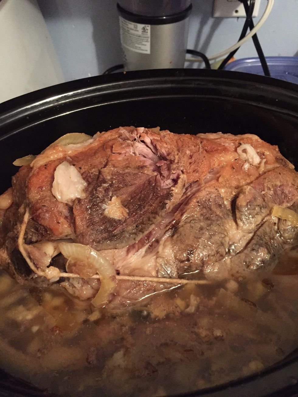 Turn it over around 5 hours in; the bottom should start being pretty tender and delicious!