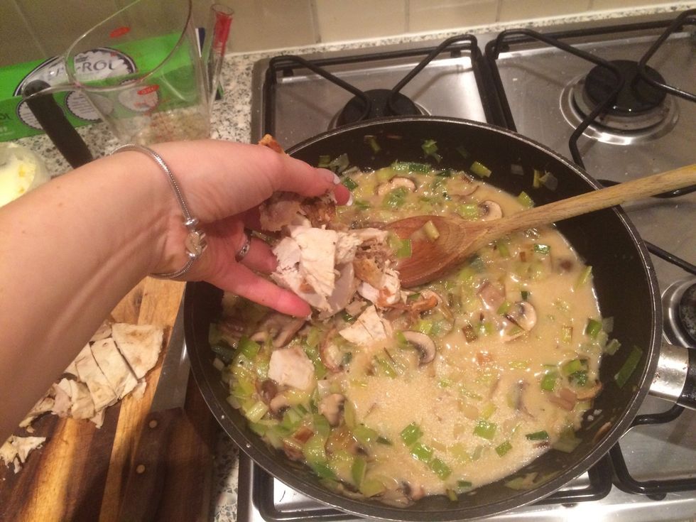 Turn off heat. Add chicken.