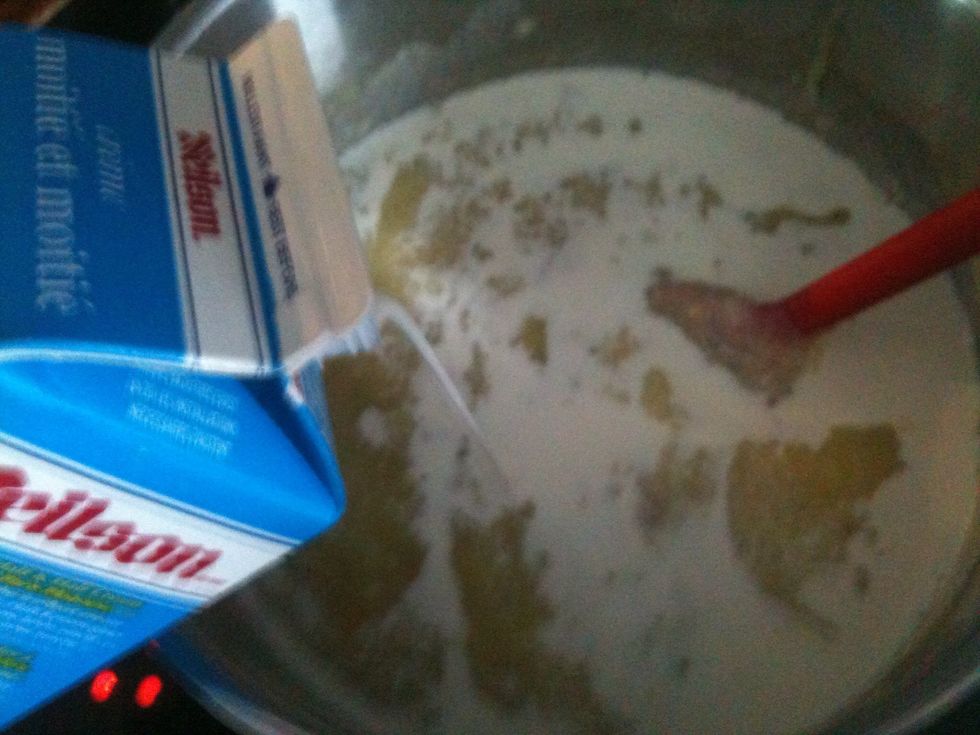 Turn off the heat and add the cream. Stir until mixed.