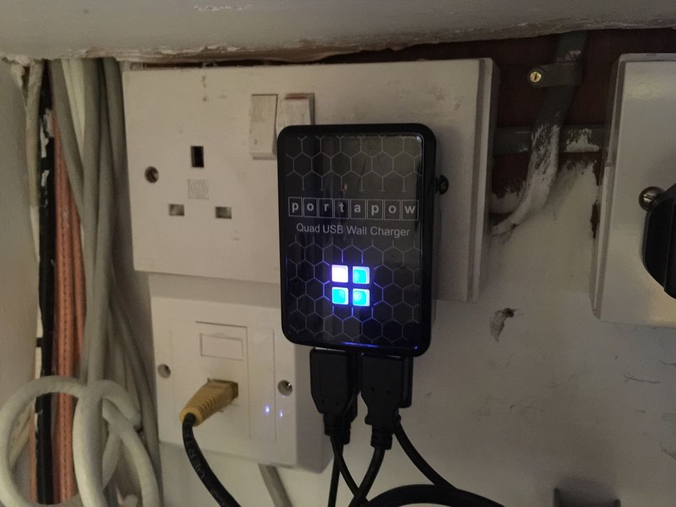 Turn off the power at the socket next that the PortaPow is plugged into. Top, left hand side of media cupboard.