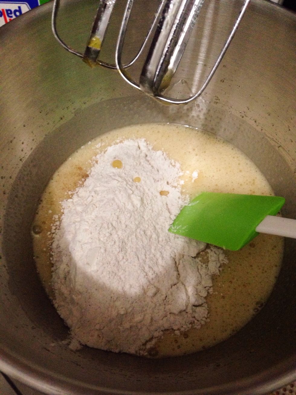 Turn off your mixer. Then add dry ingredients (flour mixture) to the wet ingredients, mix it with rubber spatula just until it combined. Do not over mix